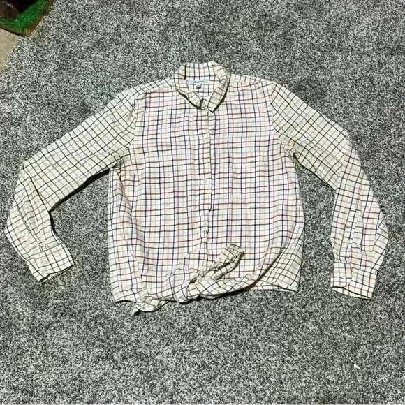 MADEWELL Tie Front Shirt Rainbow Plaid Cotton Long Sleeve Button Down Size XS - Picture 2 of 9